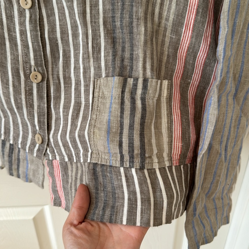 Flax Striped Patchwork Linen Button Front Blouse … - image 3